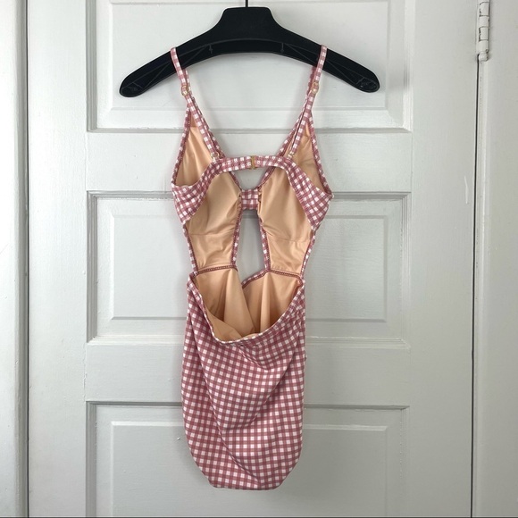 Beach Joy Bikini Brand One Piece Pink/White Check W/ Front Cut Out & Bow Size S - Picture 2 of 9
